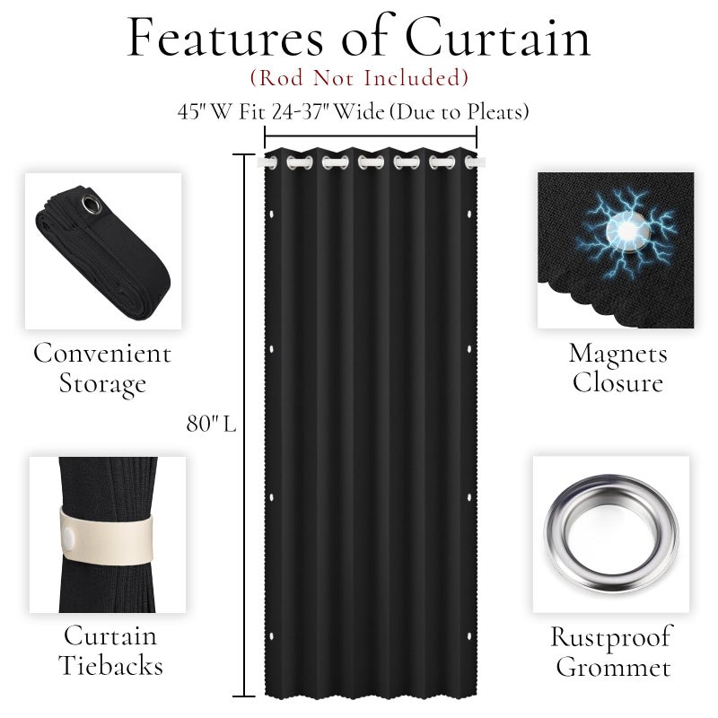 HMYI 100% Blackout Accordion Style Door Curtain for Doorways Privacy Magnetic Door Curtain, Temporary Doors for A Room Privacy, 1 Panel, W45 x L80, Black - Image 2