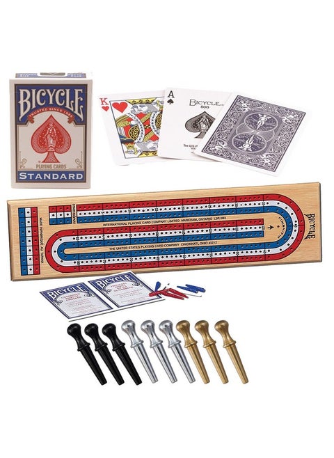 Cribbage Board by Bicycle 3-Track Colour Coded Real Pine Wood Cribbage Game with Deck of Bicycle Cards and Premium Metal Cribbage Pegs