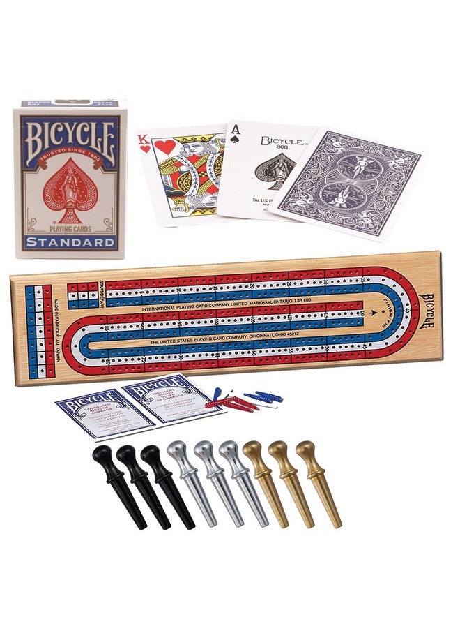 Cribbage Board by Bicycle 3-Track Colour Coded Real Pine Wood Cribbage Game with Deck of Bicycle Cards and Premium Metal Cribbage Pegs