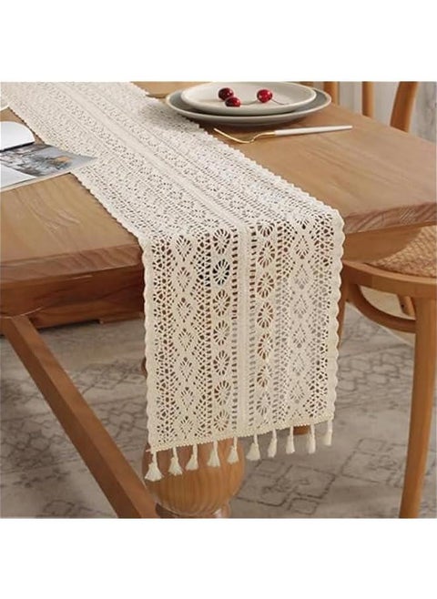 70 Inch Boho Crochet Table Runner,Table Runner for Home Decor with Tassels Long Farmhouse Rustic Table Runner Cream Macrame Burlap Fall Table Decoration for Living Room Bridal Shower (70 Inch)