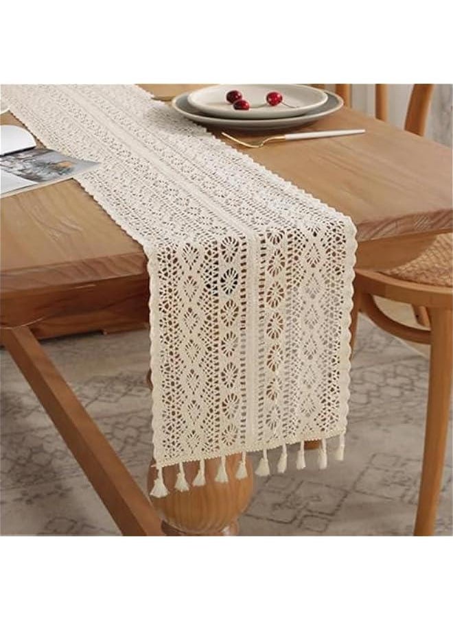 HOOKOR 70 Inch Boho Crochet Table Runner,Table Runner for Home Decor with Tassels Long Farmhouse Rustic Table Runner Cream Macrame Burlap Fall Table Decoration for Living Room Bridal Shower (70 Inch)  - Image 1