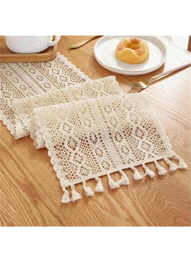 HOOKOR 70 Inch Boho Crochet Table Runner,Table Runner for Home Decor with Tassels Long Farmhouse Rustic Table Runner Cream Macrame Burlap Fall Table Decoration for Living Room Bridal Shower (70 Inch)  - Image 2