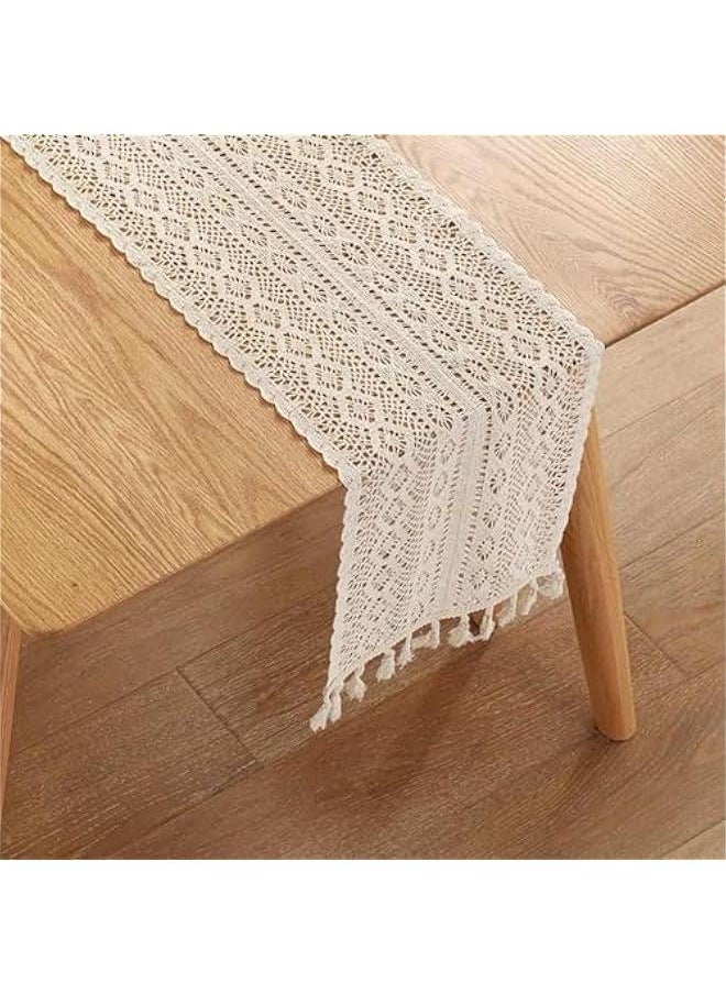 HOOKOR 70 Inch Boho Crochet Table Runner,Table Runner for Home Decor with Tassels Long Farmhouse Rustic Table Runner Cream Macrame Burlap Fall Table Decoration for Living Room Bridal Shower (70 Inch)  - Image 5