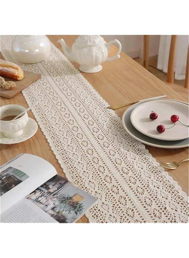 70 Inch Boho Crochet Table Runner,Table Runner for Home Decor with Tassels Long Farmhouse Rustic Table Runner Cream Macrame Burlap Fall Table Decoration for Living Room Bridal Shower (70 Inch)