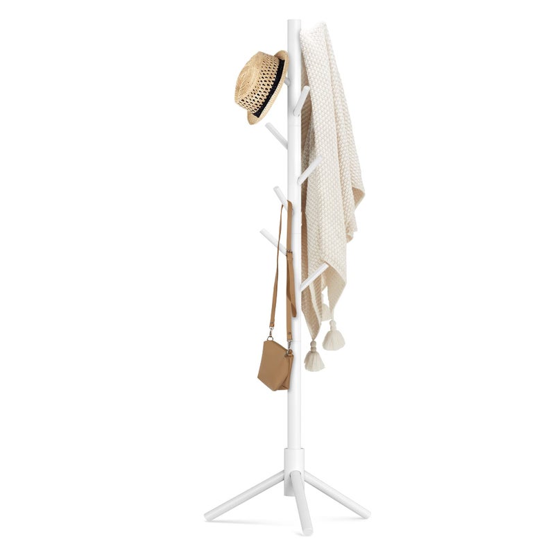 Haddockway Wooden Coat Rack Stand with 8 Hooks New Zealand Pine 3 Adjustable Coat Standing Tree Easy Assembly for Coats, Hats, Scarves and Handbags for Entryway, Hallway, Bedroom, Office, white - Image 1