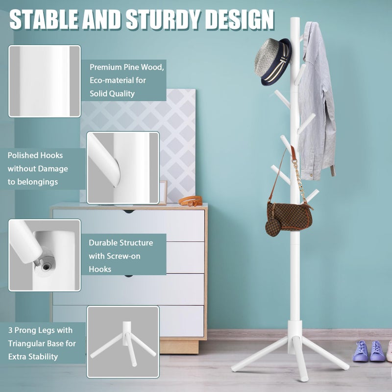 Haddockway Wooden Coat Rack Stand with 8 Hooks New Zealand Pine 3 Adjustable Coat Standing Tree Easy Assembly for Coats, Hats, Scarves and Handbags for Entryway, Hallway, Bedroom, Office, white - Image 3