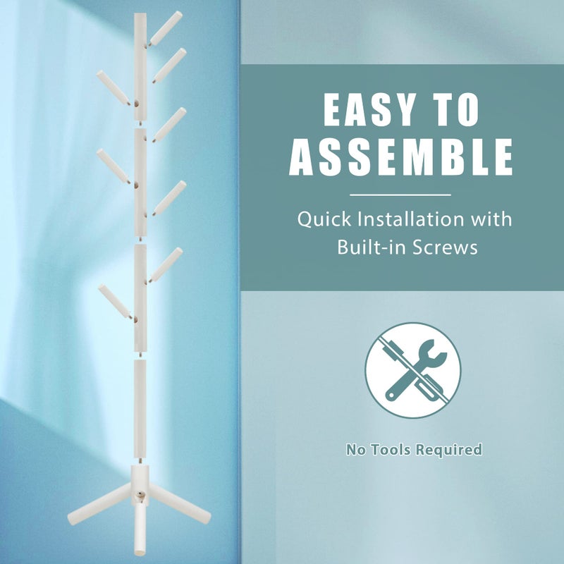 Haddockway Wooden Coat Rack Stand with 8 Hooks New Zealand Pine 3 Adjustable Coat Standing Tree Easy Assembly for Coats, Hats, Scarves and Handbags for Entryway, Hallway, Bedroom, Office, white - Image 4
