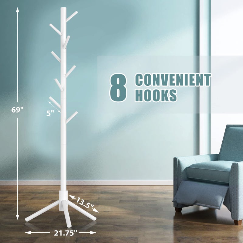 Haddockway Wooden Coat Rack Stand with 8 Hooks New Zealand Pine 3 Adjustable Coat Standing Tree Easy Assembly for Coats, Hats, Scarves and Handbags for Entryway, Hallway, Bedroom, Office, white - Image 2