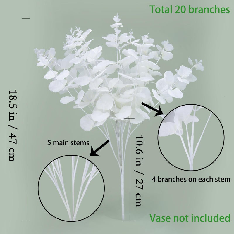 GREENTIME 2 Pack White Eucalyptus Stems with 20 Branches 18.5'' Artificial Flower Bouquet for Vase Wedding Table Centerpiece Decor - Image 2