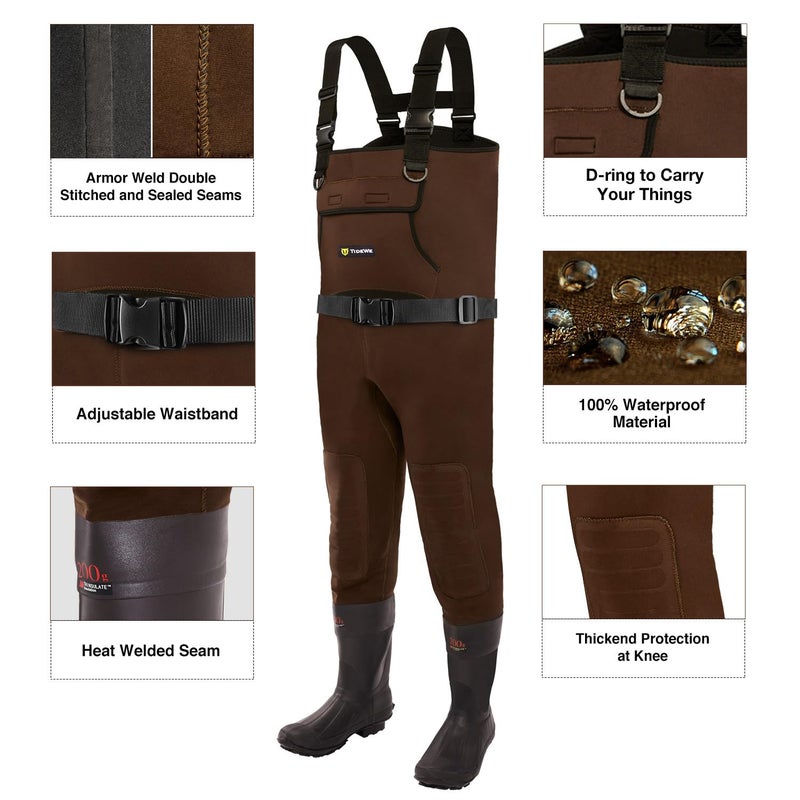 TIDEWE Neoprene Waders, Cleated Bootfoot Men Chest Waders, Waterproof Fishing & Hunting Chest Waders Brown Size 10 - Image 2