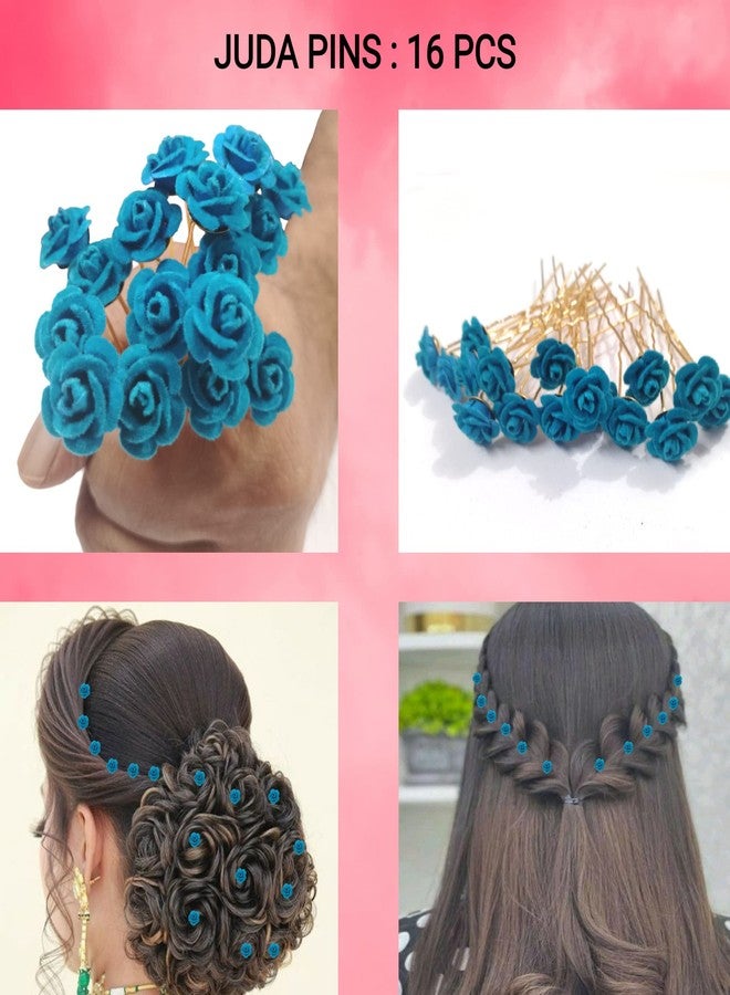 PRODUCTMINE مجموعة دبابيس شعر العروس من PRODUCTMINE® / دبابيس جودا ذهبية فاخرة مع وردة زرقاء صناعية للنساء والفتيات - 16 قطعة - Image 3