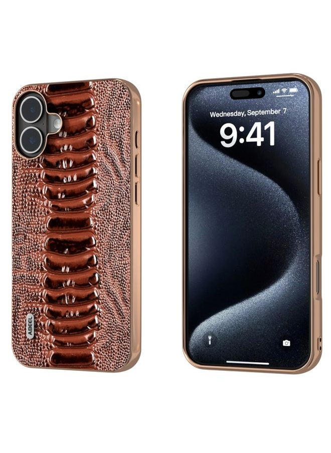 HuHa - Case Cover For iPhone 16 Plus ABEEL Electroplating Frame Genuine Leather Weilai Series Phone Case(Coffee) - Image 1