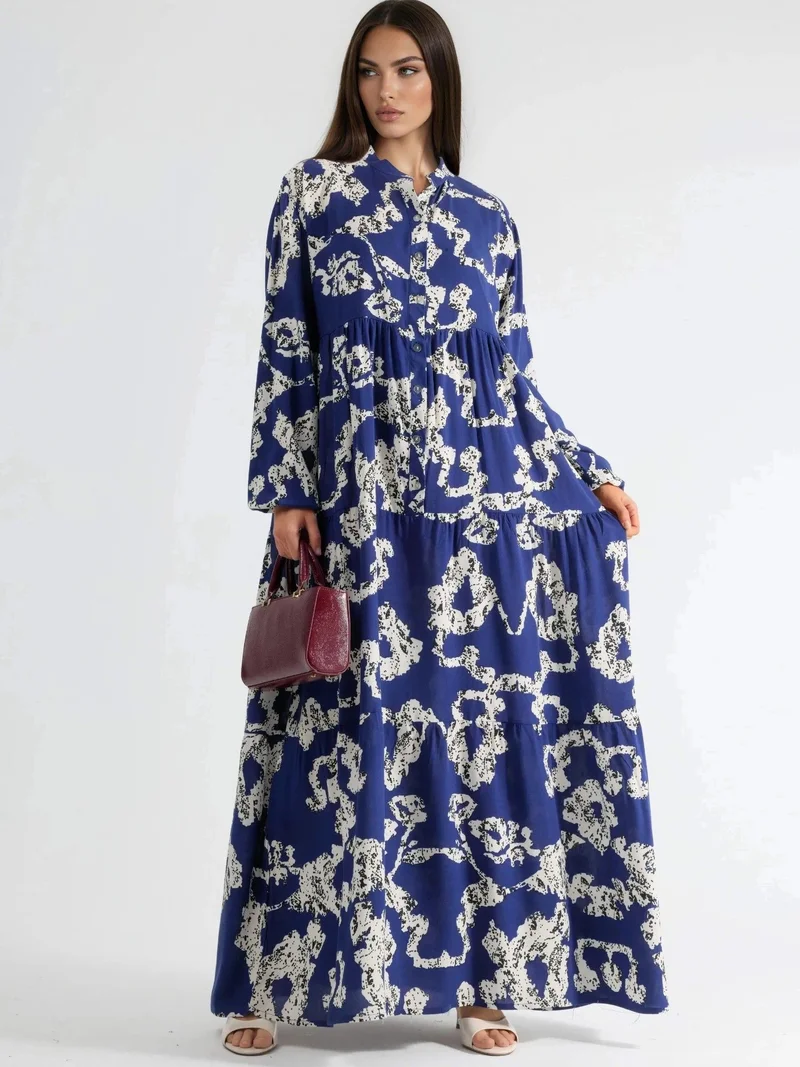 هيكاب V-Neck Patterned Maxi Dress with Buttons