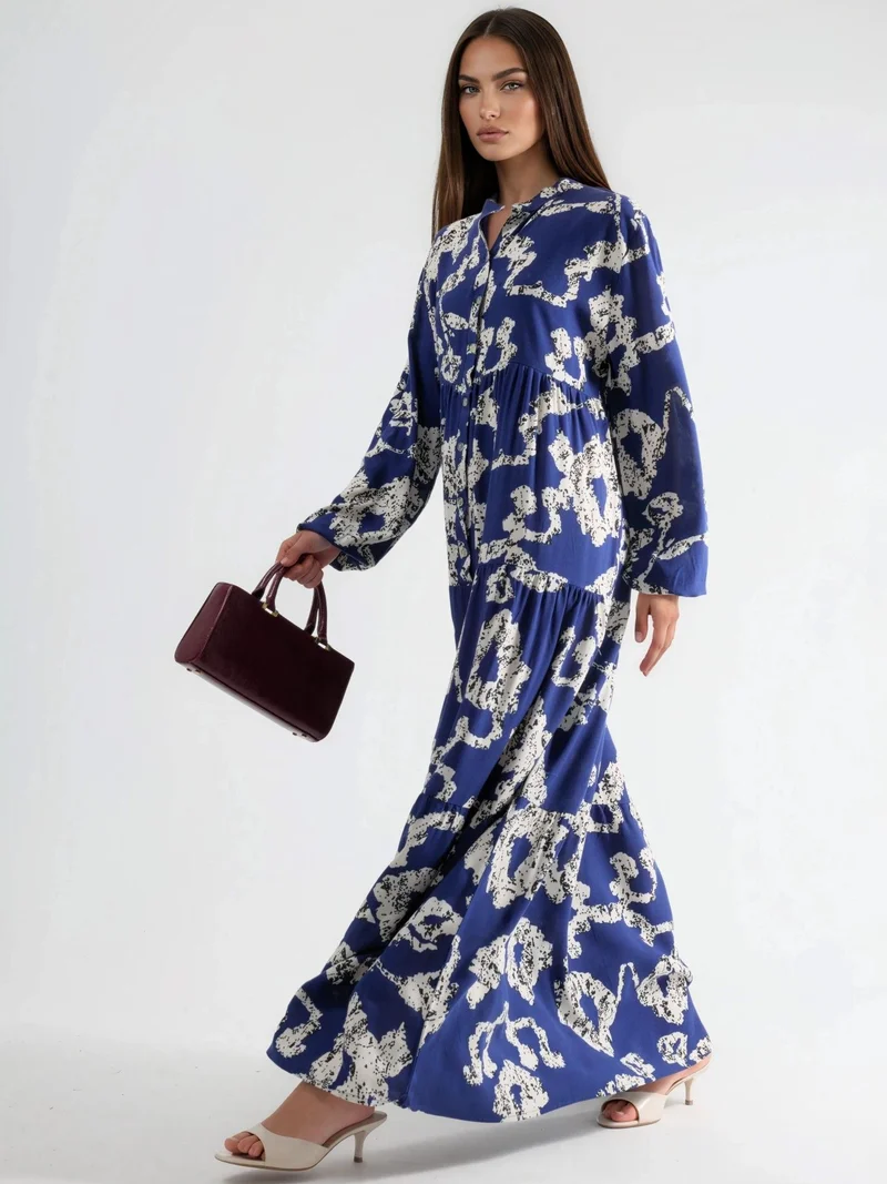هيكاب V-Neck Patterned Maxi Dress with Buttons