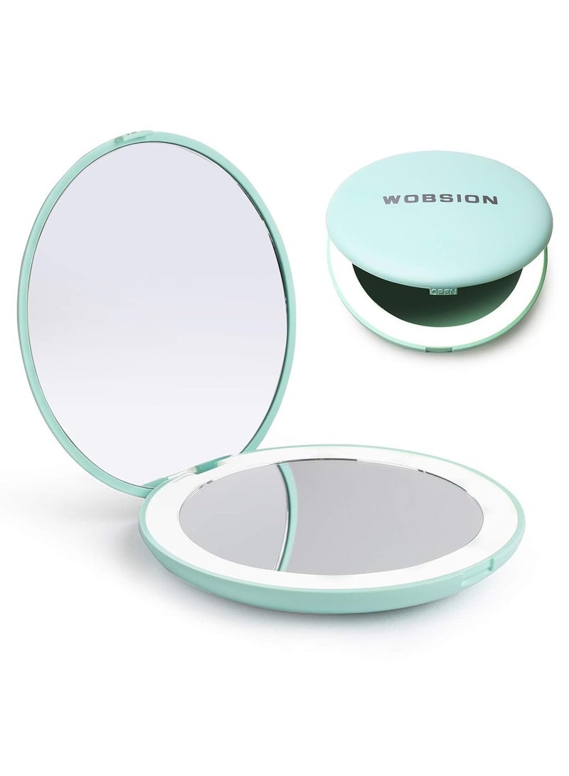 wobsion wobsion Travel Compact Mirror,Portable 1x/10x LED Makeup Mirror with Magnification,Handheld 2-Sided Pocket Mirror, 3.5in Small Mirror for Purse,Handbag,Gifts,Cyan  - Image 1