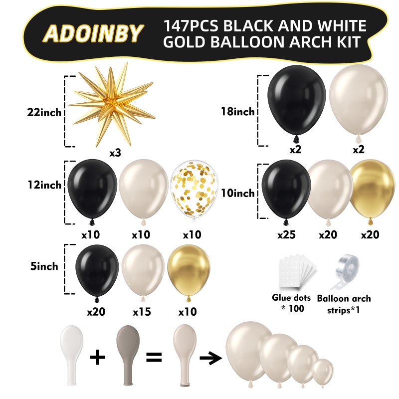 ADOINBY طقم قوس البالونات الأسود والذهبي والأبيض من ADOINBY، بالونات كونفيتي مزدوجة محشوة باللؤلؤ باللون الرملي الأبيض والأسود والكروم الذهبي، طقم زينة بالونات بأحجام 22 و18 و12 و10 و5 إنش لحفلات عيد الميلاد والتخرج ورأس السنة الجديدة - Image 2