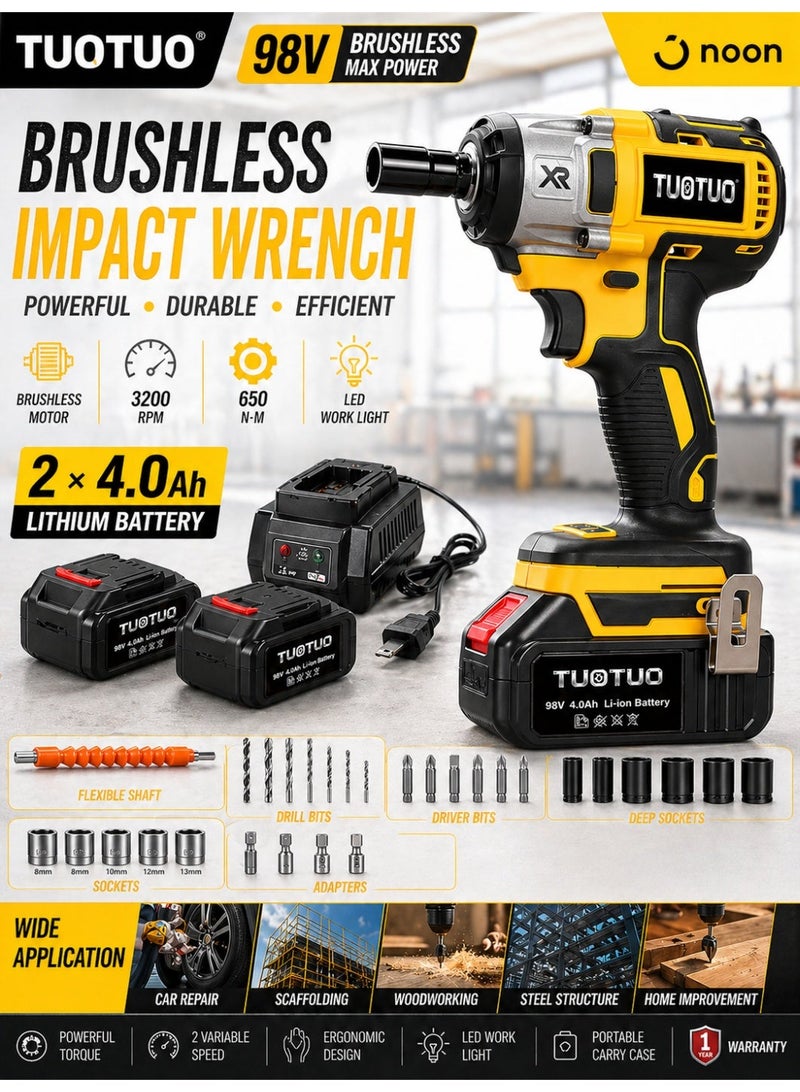 TUOTUO Upgraded model The key to power! TUOTUO power tools, 98V Upgrade brushless lithium-ion impact wrench set, high torque performance, Equipped with two 4.0ah batteries， instantly improve your work efficiency - Image 1