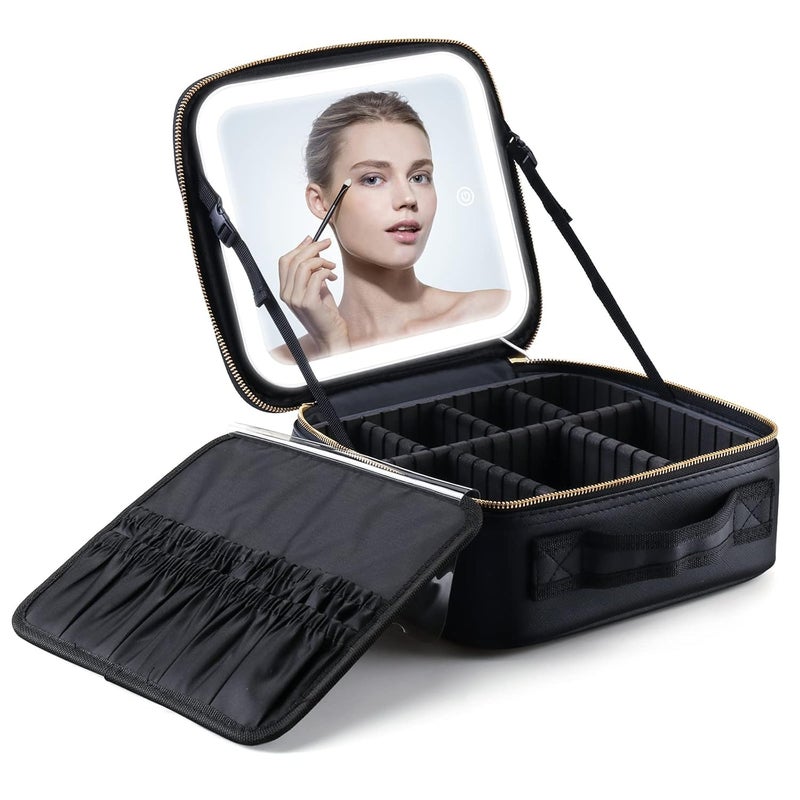 CVM ENTERPRISE Travel Makeup Bag with Adjustable Dividers for Cosmetics Makeup Brushes Toiletries Jewelry Black LED Mirror Small Makeup Bag with Mirror - Image 3