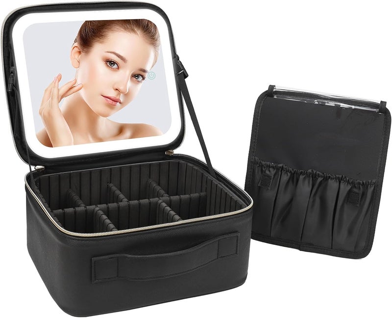 CVM ENTERPRISE Travel Makeup Bag with Adjustable Dividers for Cosmetics Makeup Brushes Toiletries Jewelry Black LED Mirror Small Makeup Bag with Mirror - Image 1