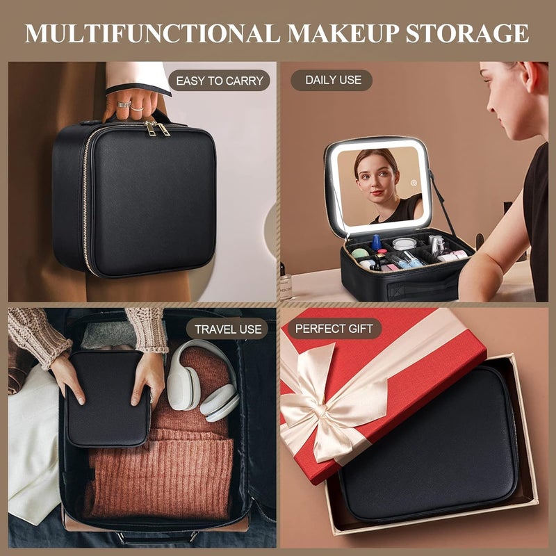 CVM ENTERPRISE Travel Makeup Bag with Adjustable Dividers for Cosmetics Makeup Brushes Toiletries Jewelry Black LED Mirror Small Makeup Bag with Mirror - Image 5