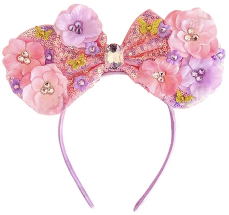 Encanto Isabela Madrigal Hairband, Handmade Flexible Headband, Shiny Front Side, 5 Inches Bow Size, 1 Count (Pack of 1), Floral Minnie Ears, Suitable for Kids and Adult, Very