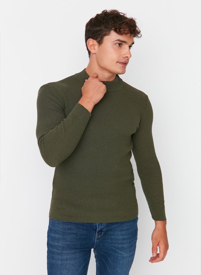 trendyol Khaki Fitted Cotton Slim Fit Half Turtleneck Ribbed Knitwear Sweater - Image 2