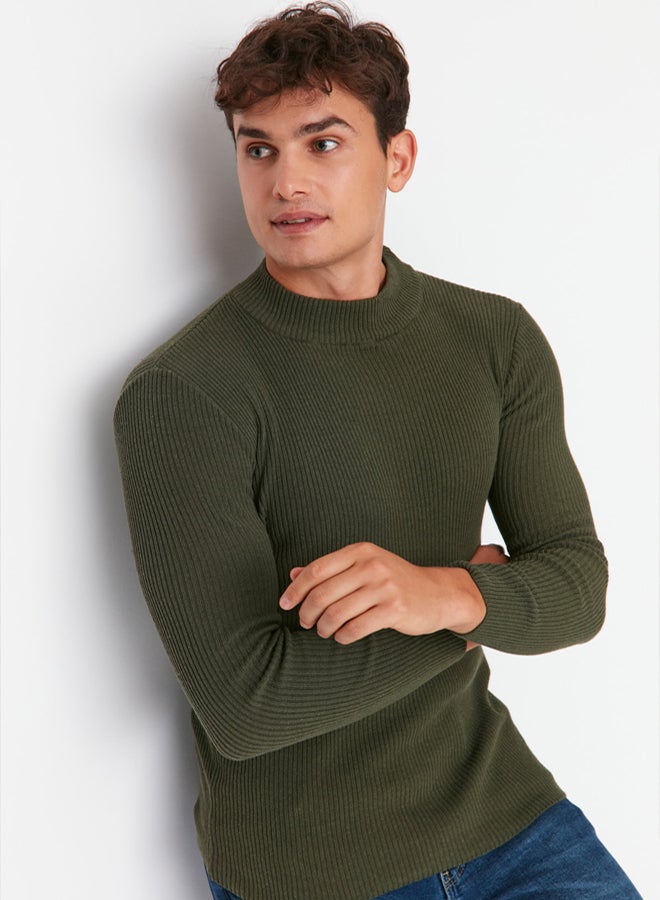 trendyol Khaki Fitted Cotton Slim Fit Half Turtleneck Ribbed Knitwear Sweater - Image 1