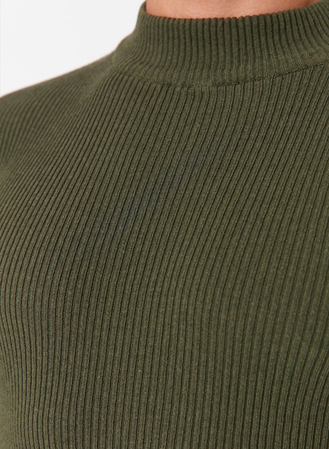 trendyol Khaki Fitted Cotton Slim Fit Half Turtleneck Ribbed Knitwear Sweater - Image 4