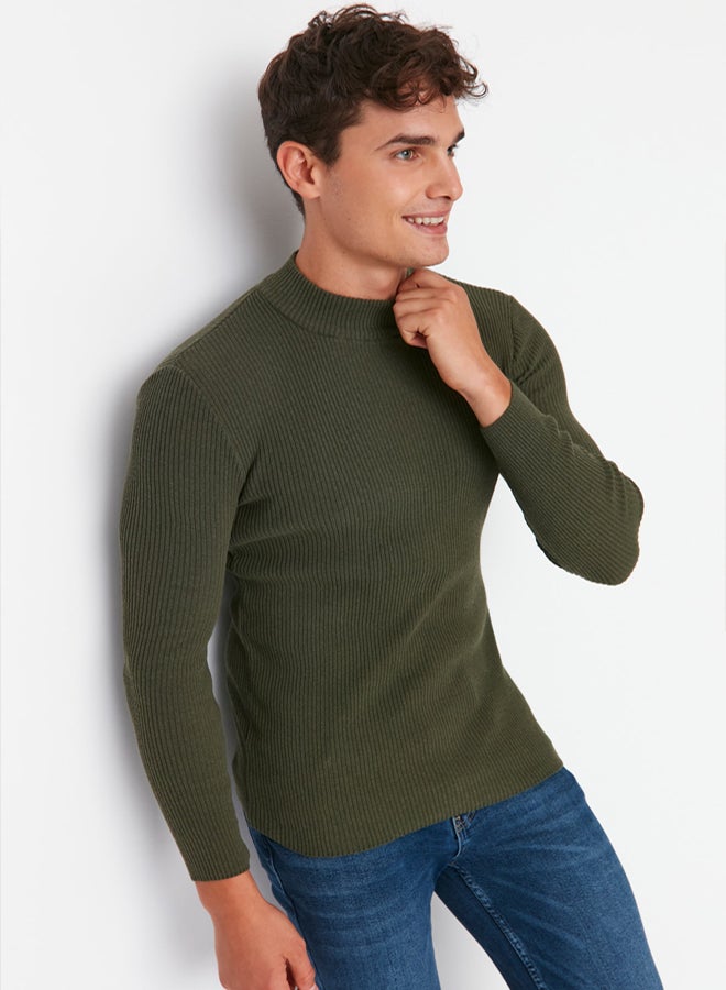 trendyol Khaki Fitted Cotton Slim Fit Half Turtleneck Ribbed Knitwear Sweater - Image 3