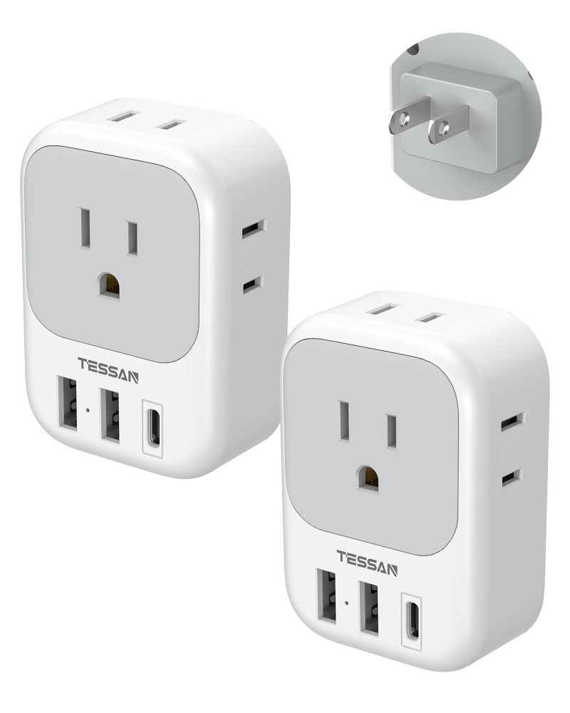 TESSAN US to Japan Plug Adapter 2 Pack,  2 Prong to 3 Prong Outlet Adapter with 4 Outlets 3 USB (1 USB-C), Outlet Adaptor US to Japan China Mexico Philippines Canada Peru Thailand Vietnam - Image 1