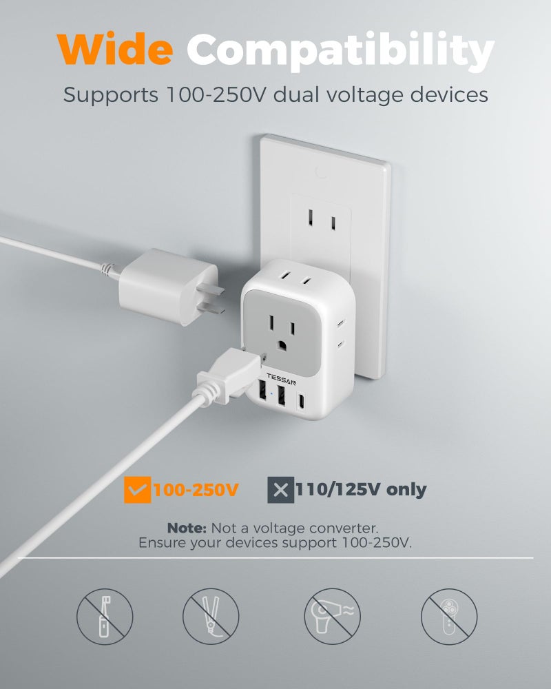 TESSAN US to Japan Plug Adapter 2 Pack,  2 Prong to 3 Prong Outlet Adapter with 4 Outlets 3 USB (1 USB-C), Outlet Adaptor US to Japan China Mexico Philippines Canada Peru Thailand Vietnam - Image 5