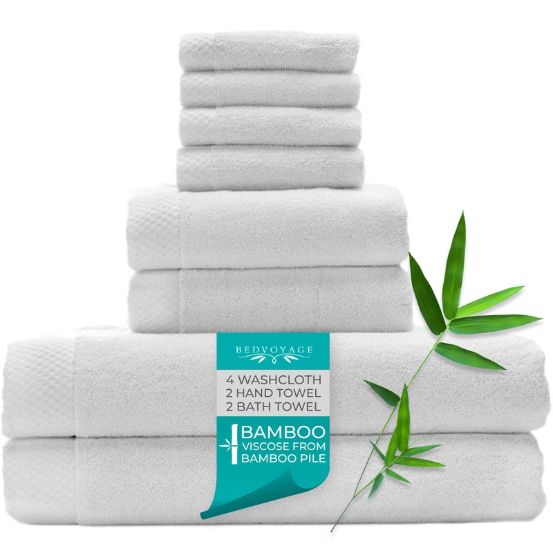 مجموعة مناشف BedVoyage الفاخرة 8 قطع 600 GSM ناعمة للغاية مصنوعة من الفيسكوز المستخرج من البامبو مناشف استحمام فائقة الامتصاص كبيرة الحجم 2 مناشف استحمام 2 مناشف يد 4 قماشات بيضاء