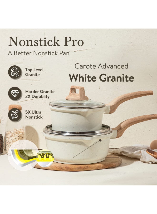 CAROTE CAROTE 1.5Qt & 2.5Qt Sauce Pan Set with Lid Nonstick Saucepan 4 Pcs Non Stick Sauce Pots Cooking Pot with Pour Spout, Easy to Clean, Small Kitchen Pots Induction Pot, PFOA FREE (White Granite)  - Image 1