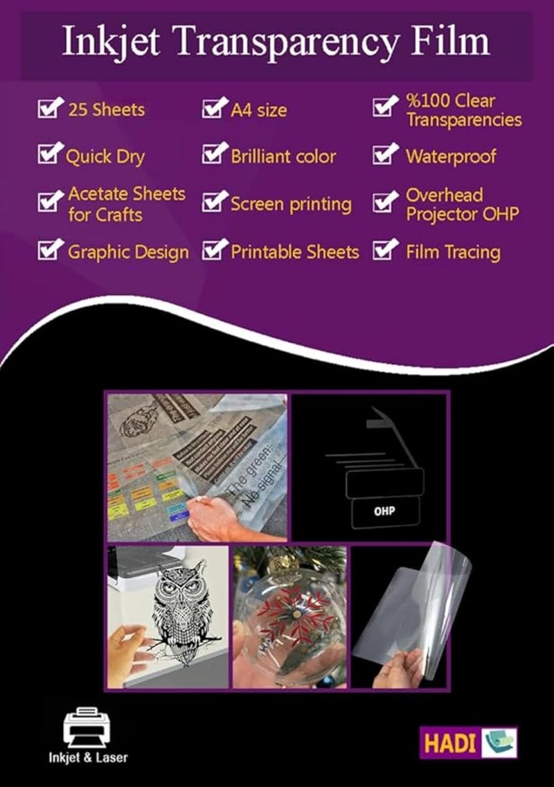 هادي فيلم شفافية نفث الحبر، ٢٥ ورقة، مقاس A4، شفاف ١٠٠٪، أوراق أسيتات للحرف اليدوية، عروض أجهزة العرض العلوية، تتبع الأفلام، التصميم الجرافيكي، الطباعة على الشاشة، سريع الجفاف، فيلم طباعة - Image 1