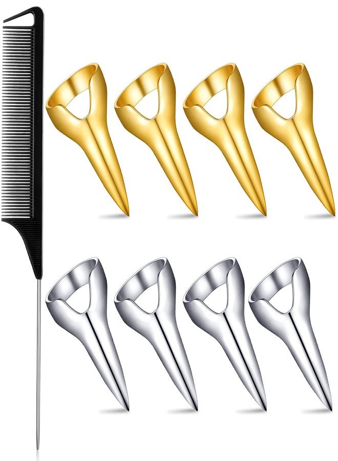 Zopeal 9 Pieces Metal Hair Parting Rings and pinky Selecting Tools Retro Nail Finger with Steel Comb Pointed Styling Combs for Hair stitch Braiding Curling Extension Halloween Cosplay(Gold, Silver) - Image 1