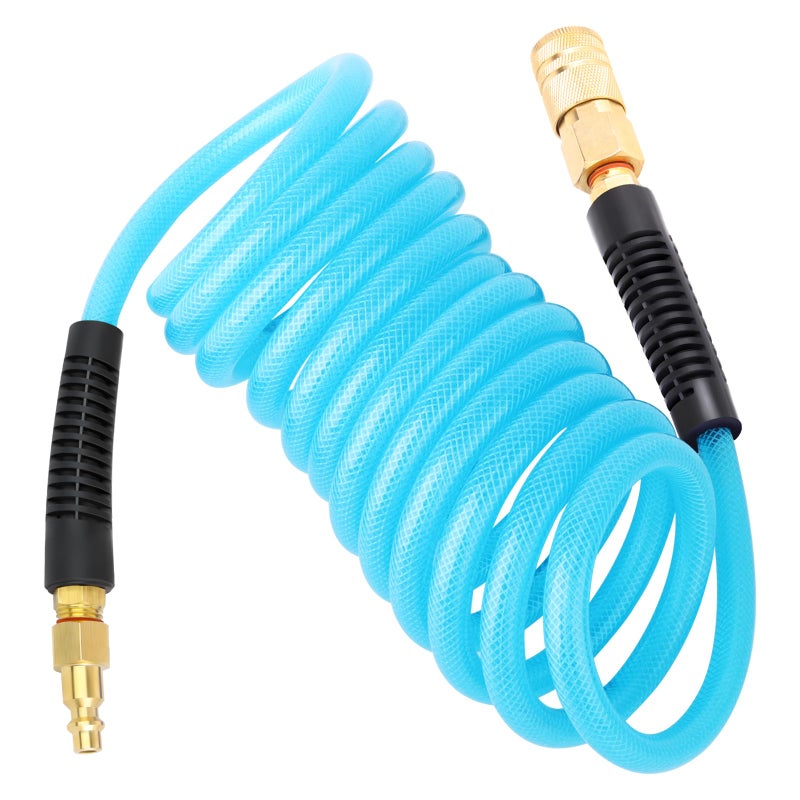 GASHER 14 x 10FT Reinforced Polyurethane Recoil Air Hose with Bend Restrictor 14 Industrial Quick Coupler and Plug
