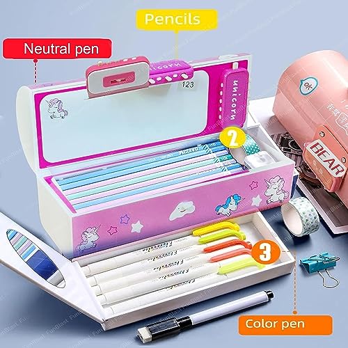 LONGMIRE Plastic Pencil Box with Code Lock Pen Case Large Capacity Multi-Layer Multi-Function Storage Bag Secret Compartment Pencil Box for Kids- Multi-Color (Cute Pink) - Image 3