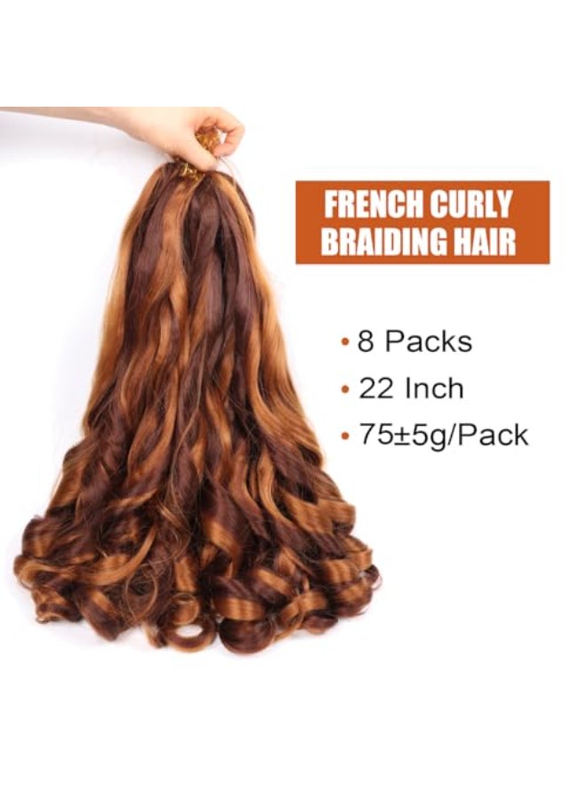 Lianzi French Curly Braiding Hair 22 Inch 8 Packs Curly Braiding Hair Pre Stretched French Curl Crochet Braids Loose Wavy Curls Braiding Hair Extensions 22Inch Dark Brown and Reddish Brown - Image 3