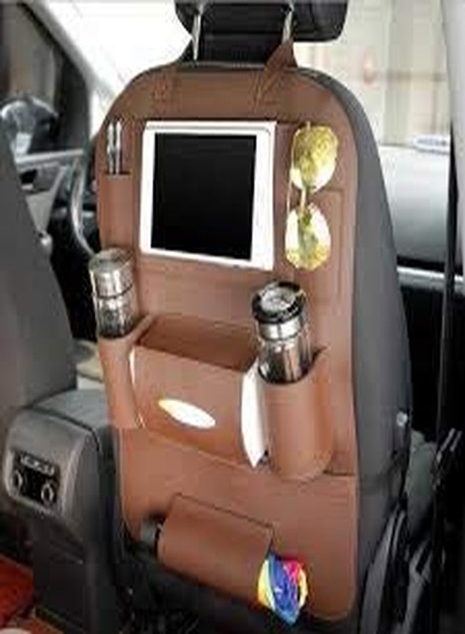 FAGVA منظم مقعد السيارة الخلفي من الجلد من FAGVA مع صينية طاولة طعام قابلة للطي، وجيوب تخزين مقاومة للماء في المقعد الخلفي مع حامل للتابلت والهاتف المحمول والزجاجة وعلبة المناديل والمظلة - Image 2