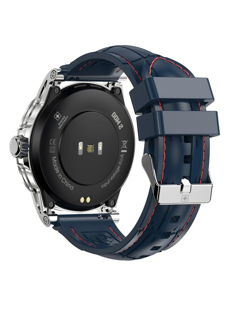 SWISS MILITARY Swiss Military Dom 2 Smart watch, Receive & Make Calls, Heart Rate/BP/Oxygen Level Monitoring, IP67, Battery Life 5to7 Days, Compatibility: IOS/Android, Silver Frame:Blue Silicon Belt  - Image 2