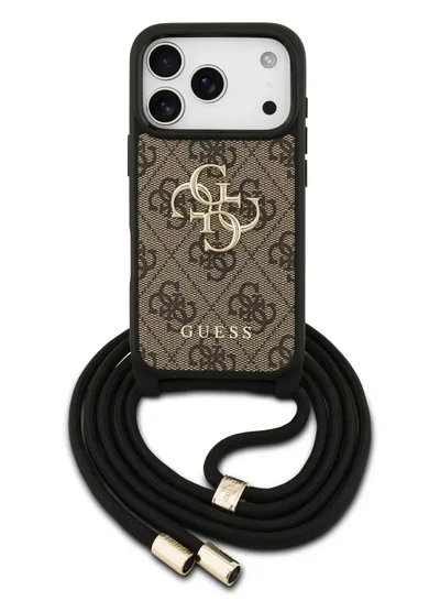 GUESS iPhone 17 Pro 4G PU Leather Case With big 4G Logo & Lanyard / Easy Snap On / Drop Protection / Slim Profile / Lightweight Back Cover -Brown