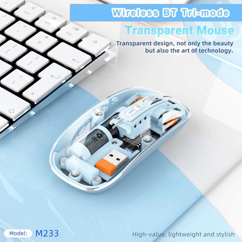 Wireless Mouse: 2.4G/Bt1/Bt2 Dual Mode, PixArt 3065 IC, 1600DPI Adjustable - Fully Transparent Blue, 500mAh Rechargeable Type-C, Silent Click for Office Gaming, Home & Laptop Users - Image 3