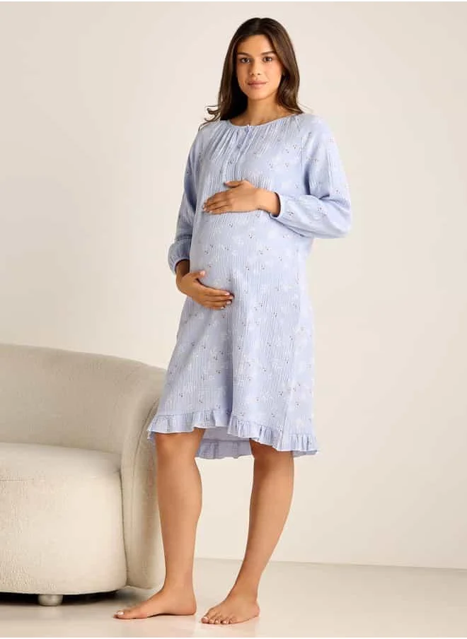 FAV Floral Print Maternity Night Dress with Long Sleeves