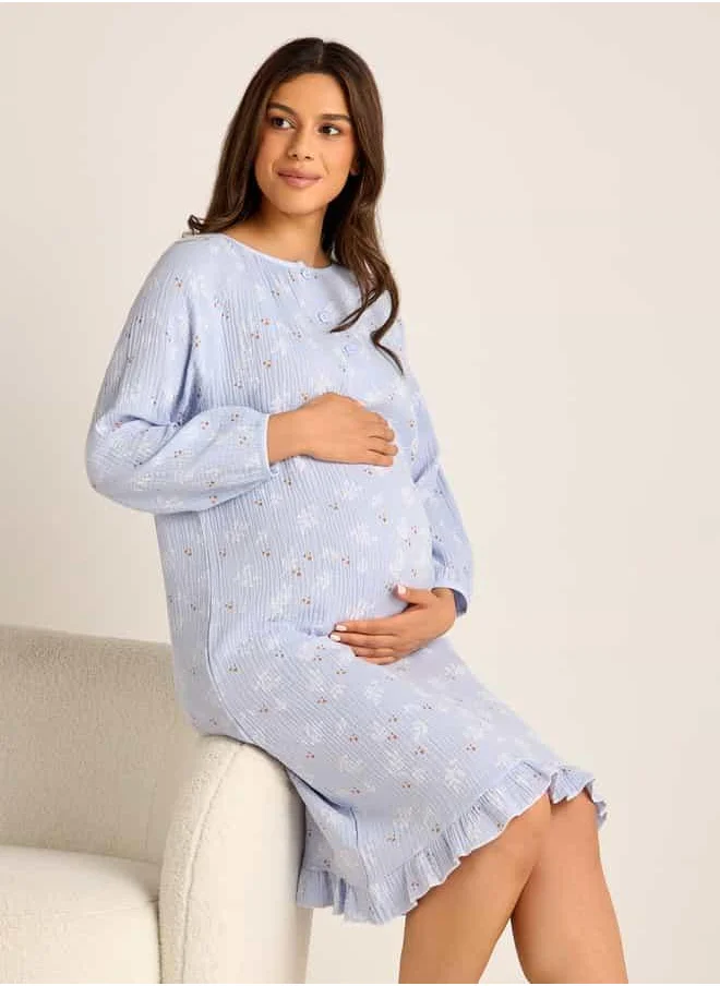 FAV Floral Print Maternity Night Dress with Long Sleeves