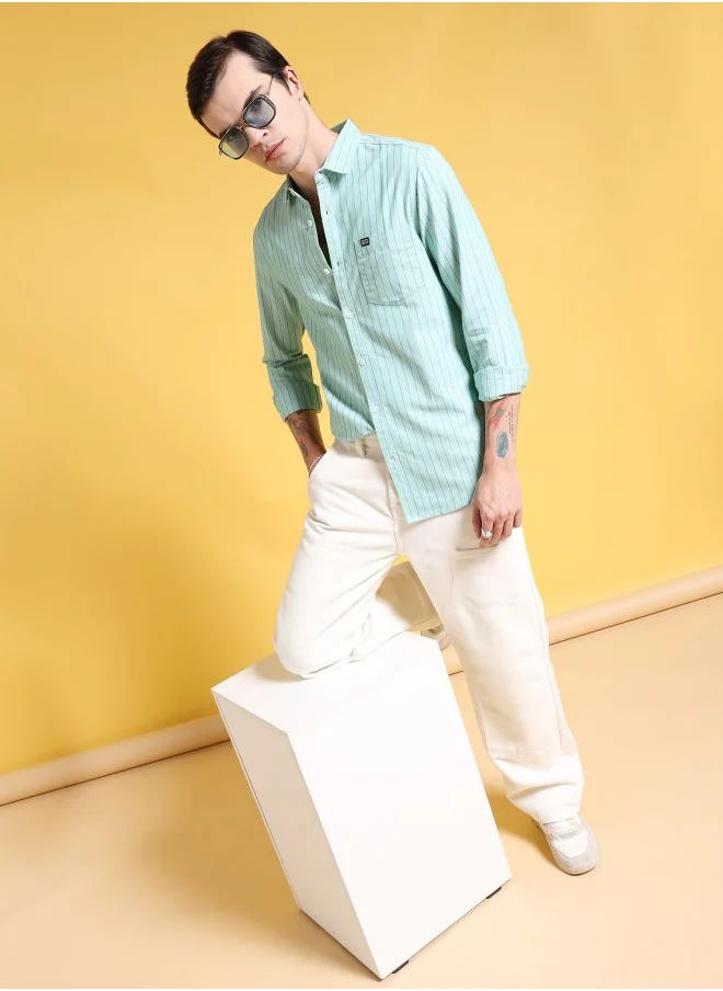 شركة المرآب الهندية Men Slim Fit Striped Full Sleeves Cutaway Collar Casual Shirt