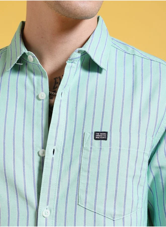 شركة المرآب الهندية Men Slim Fit Striped Full Sleeves Cutaway Collar Casual Shirt