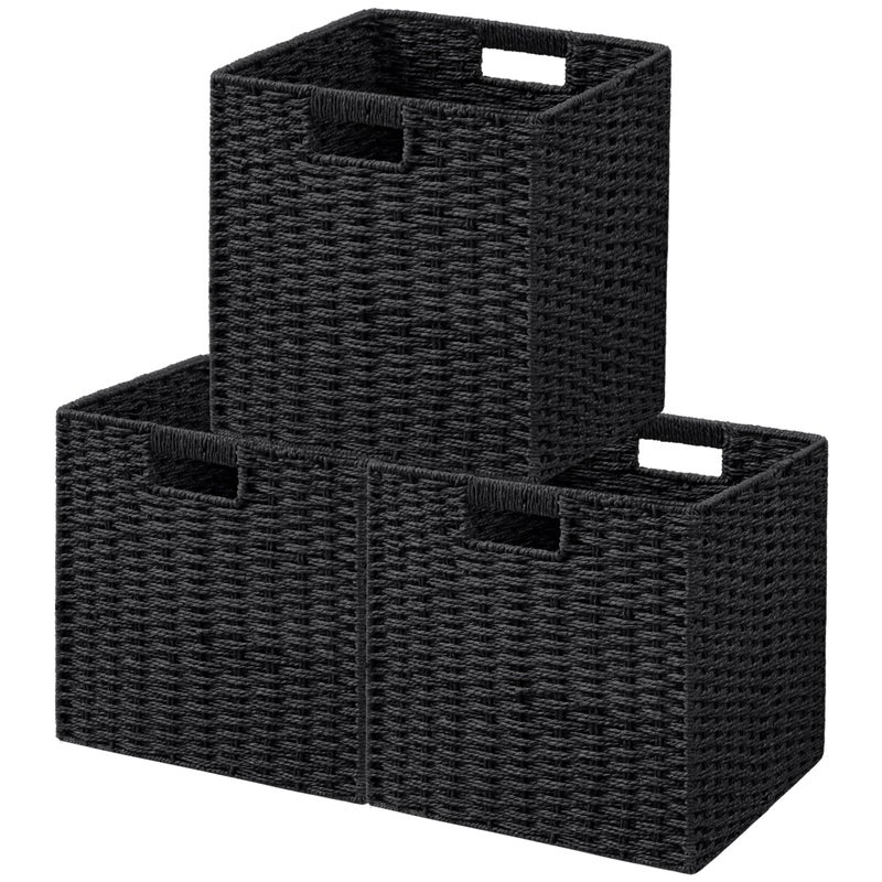 UBBCARE 3 Pack Wicker Basket 11L11H105W inch Woven Paper Rope Storage Baskets for shelves Foldable Cube Storage bin with Handle Storage Basket for Organizing  Decor Black
