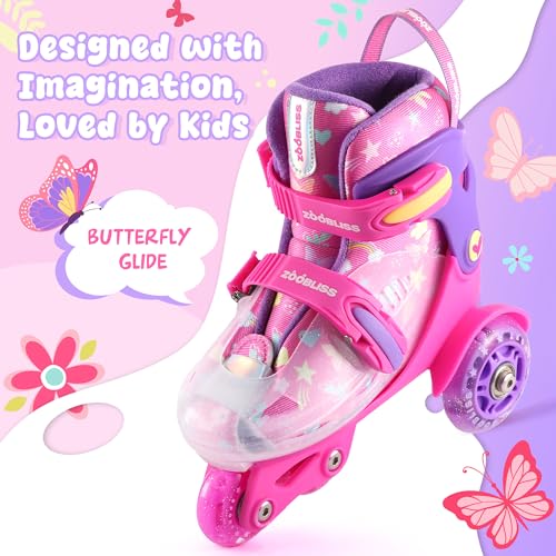 ZOOBLISS Kids Roller Skates for Beginners - ZOOBLISS Toddler Roller Skates for Girls Ages 3-7 with Light-Up Wheels & 4 Adjustable Sizes, Tri-Wheel Training Skates for Kids (Butterfly Pink) - Image 2