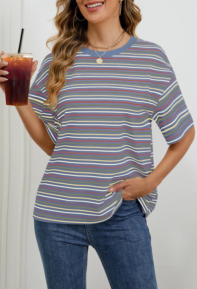 MEROKEETY Women's 2026 Summer Short Sleeve Tops Casual Colourful Striped Crewneck Loose Work T Shirts Blouses, Dustyblue, S - Image 2
