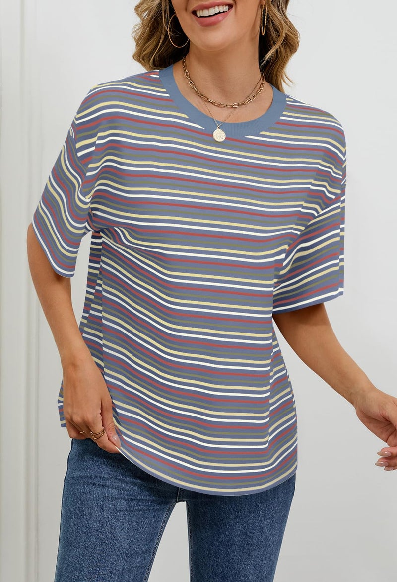 MEROKEETY Women's 2026 Summer Short Sleeve Tops Casual Colourful Striped Crewneck Loose Work T Shirts Blouses, Dustyblue, S - Image 3